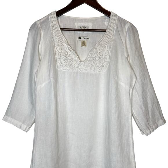 Malvin Hamburg Germany 100%% Linen Tunic Mini Dress White Lagenlook size Medium - Picture 2 of 5